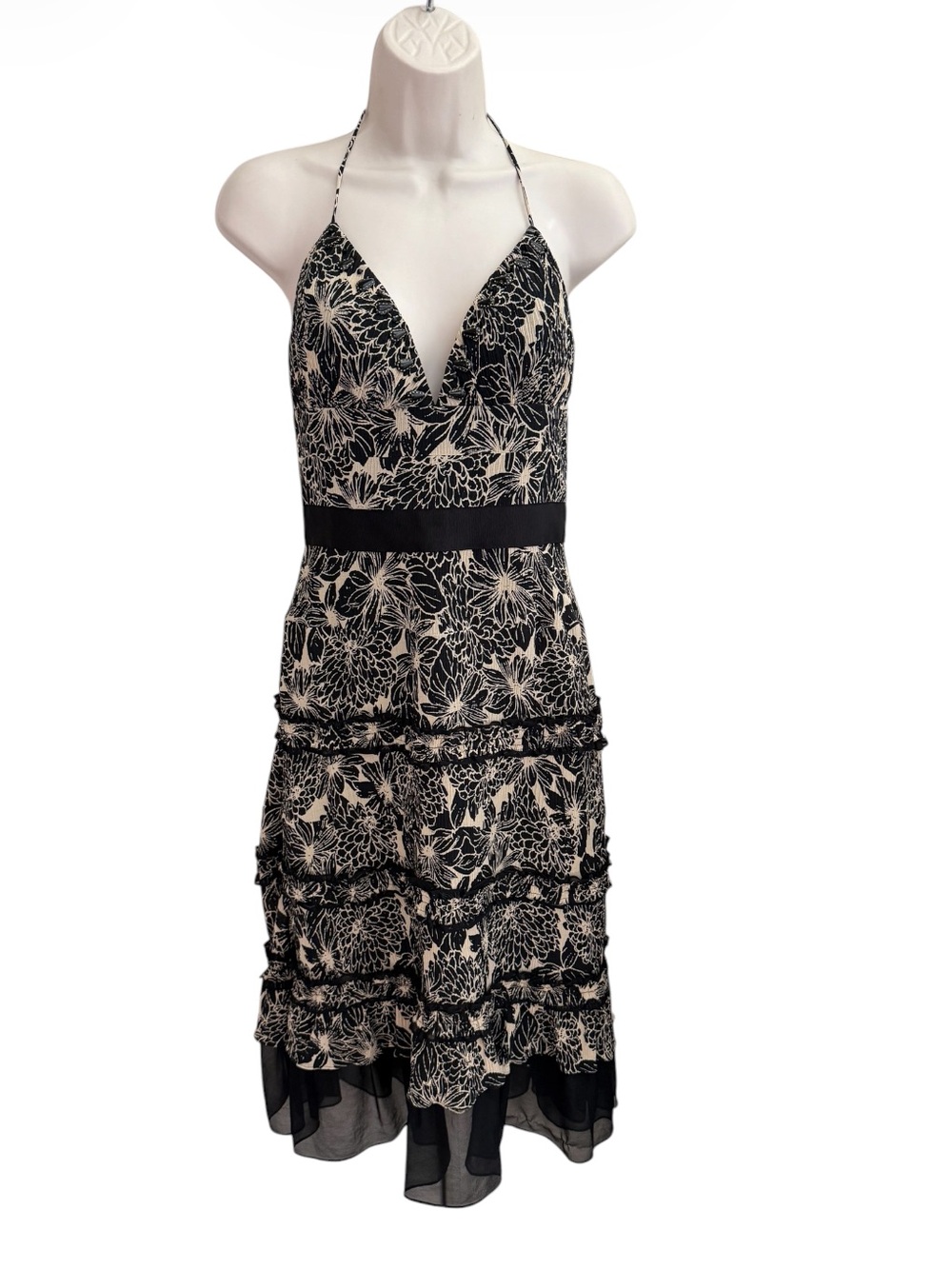 Phoebe Couture Beaded Halter silk blend Floral Tiered Dress Black Ivory Size 4